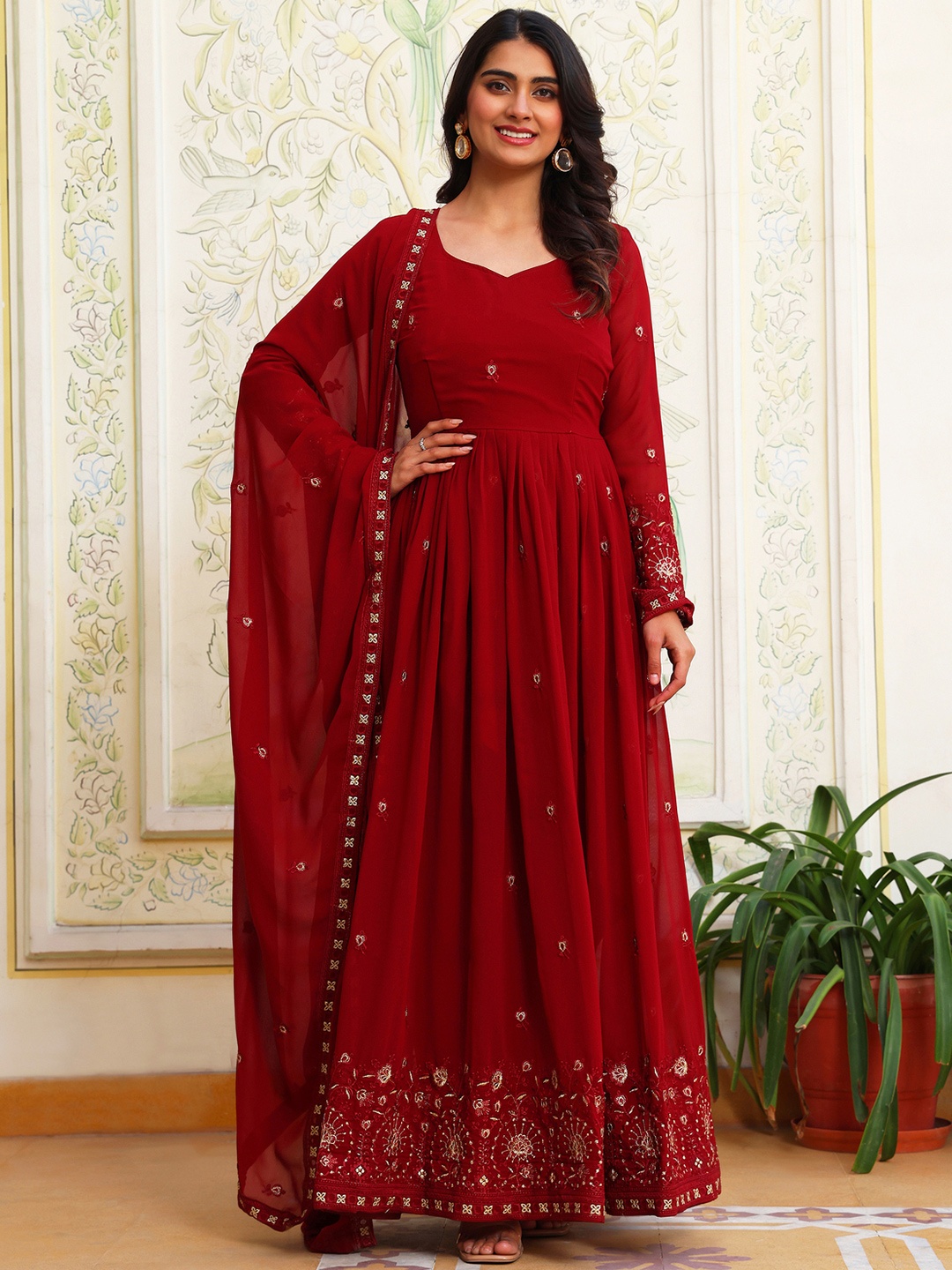 

KALINI Floral Embroidered Sequinned Silk Georgette Anarkali Kurta with Pyjamas & Dupatta, Maroon