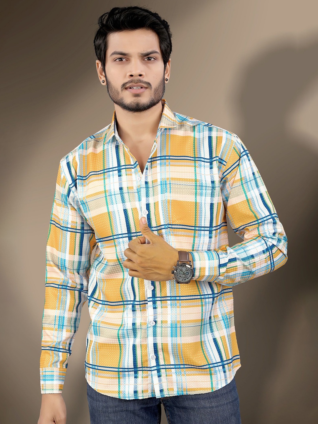 

Metronaut Men Tartan Checks Opaque Checked Casual Shirt, Mustard