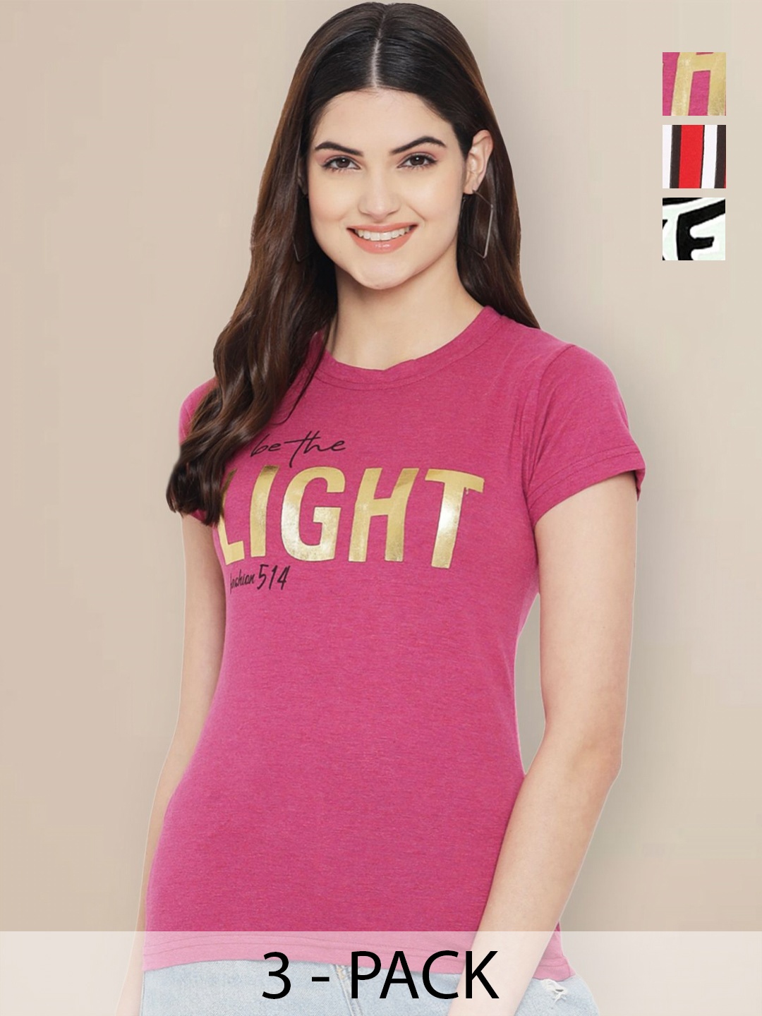 

GLOBAL NOMAD Women Pack of 3 Typography Printed Round Neck Cotton T-shirts, Red