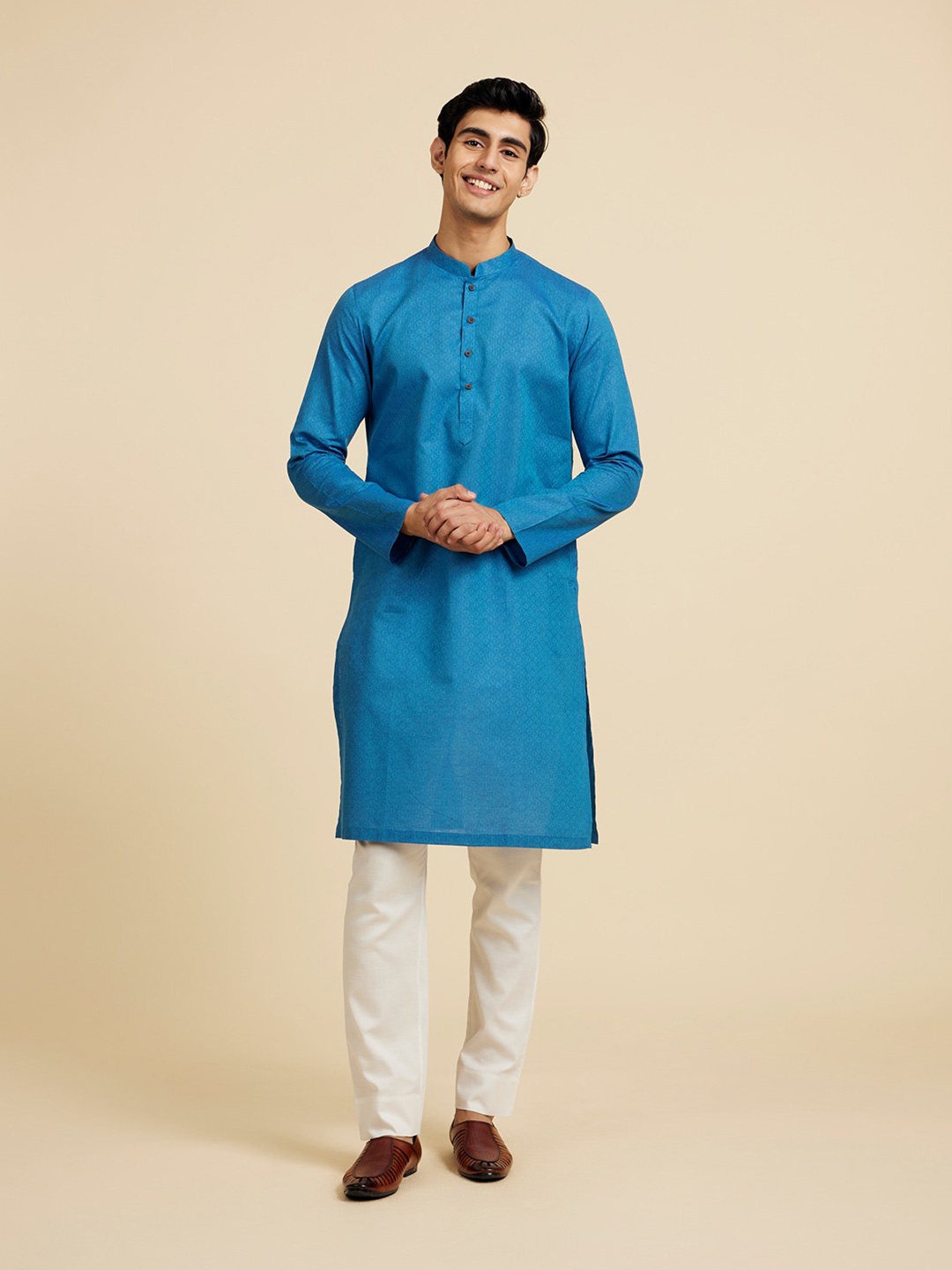 

Diwas by Manyavar Woven Design Mandarin Collar Kurta, Blue