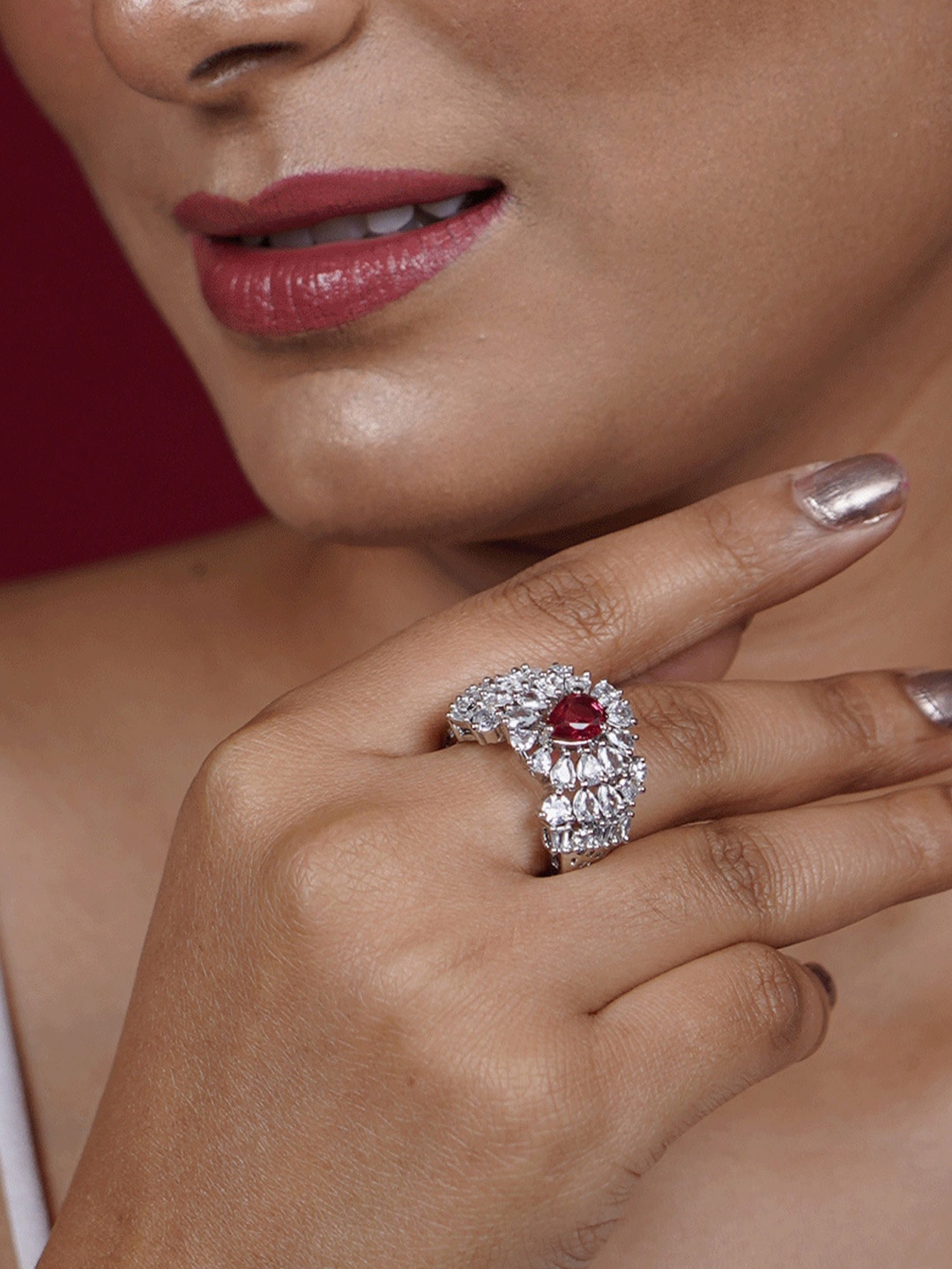 

Niscka Rhodium-Plated American Diamond Stone Studded Finger Ring, Silver