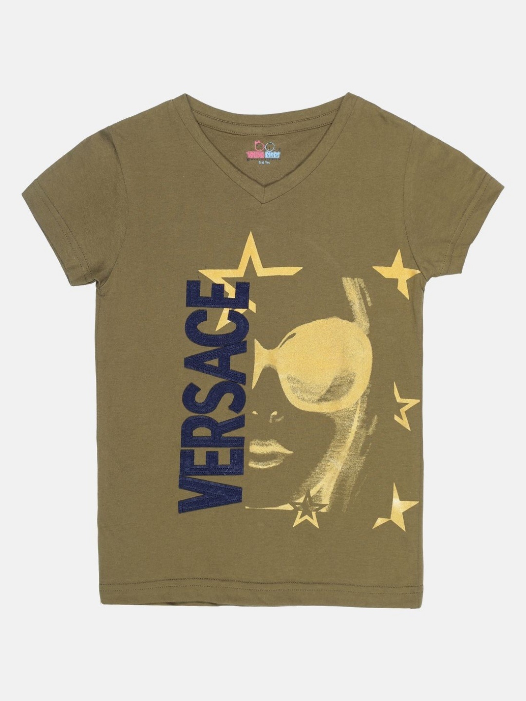 

YOUNG BIRDS Girls Printed V-Neck Applique T-shirt, Olive