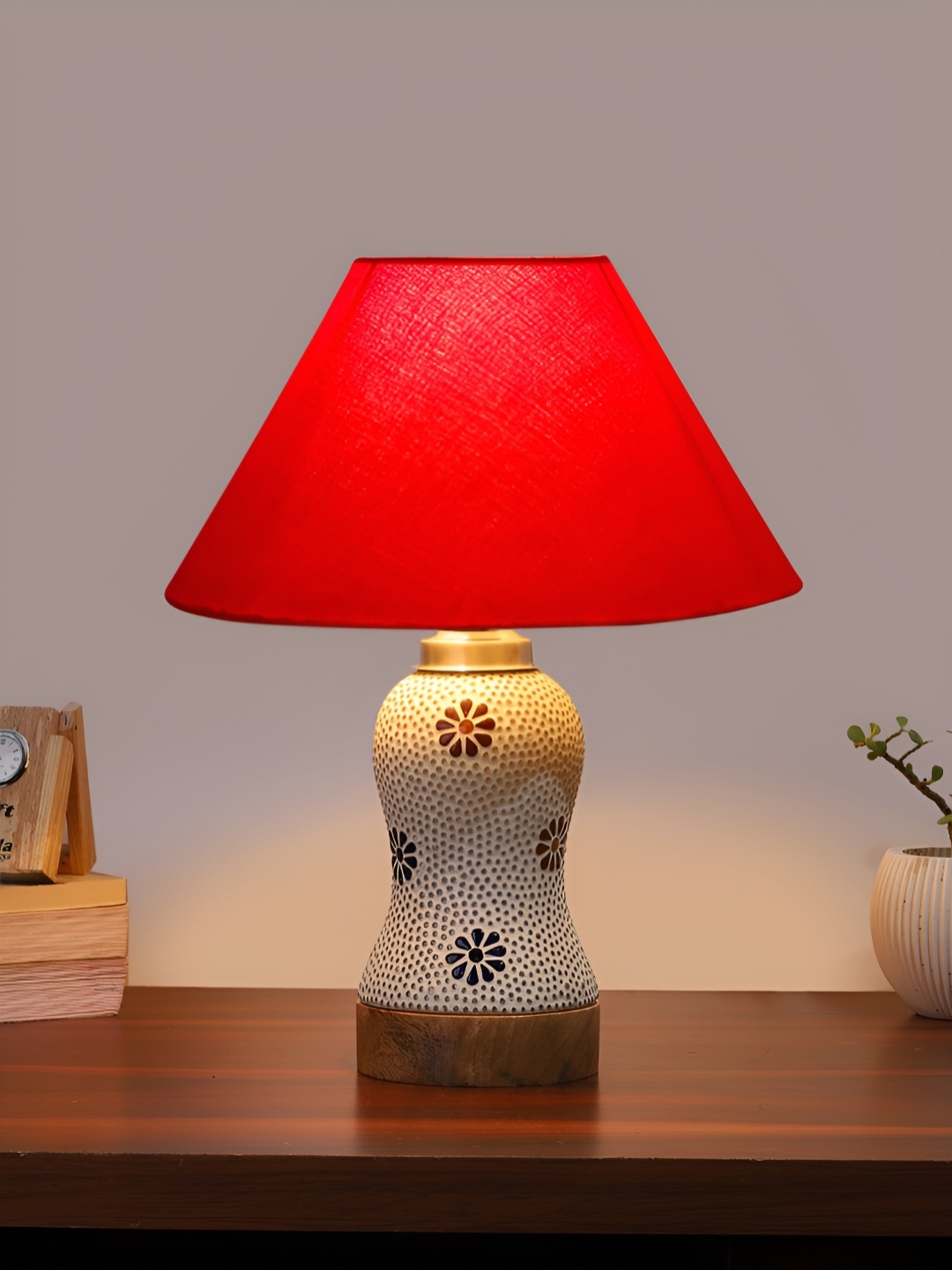 

Devansh Red Printed Wooden Frustum Shaped Table Lamp With Mosaic Glass Base