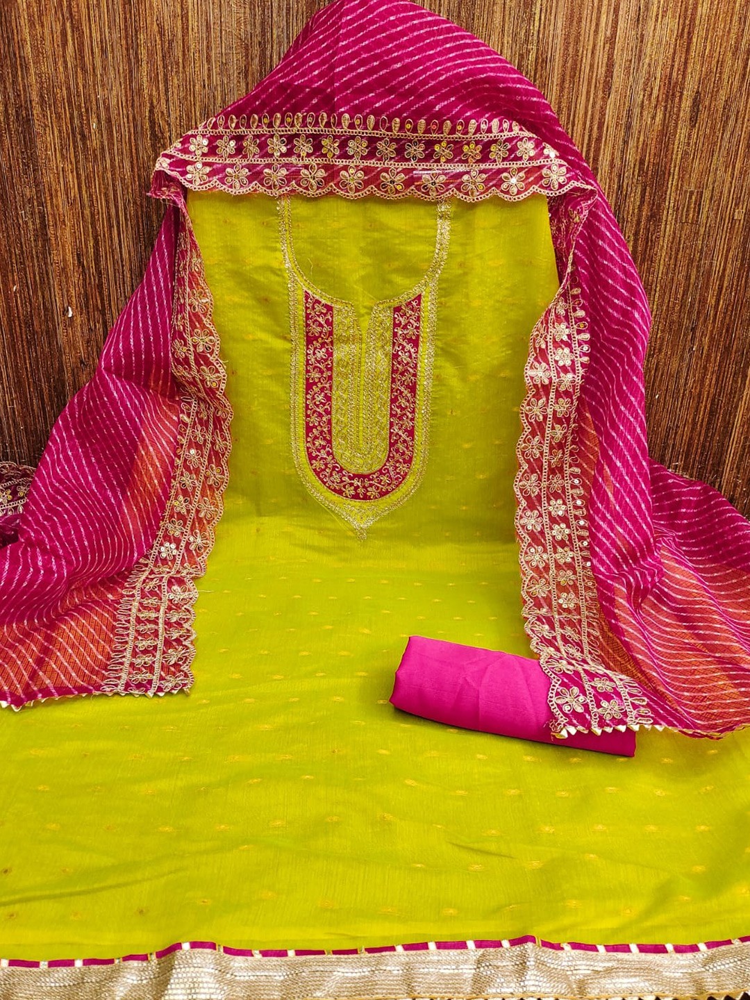 

SHADOW & SAINING Woven Design Embroidered Sequin Chanderi Silk Unstitched Dress Material, Green