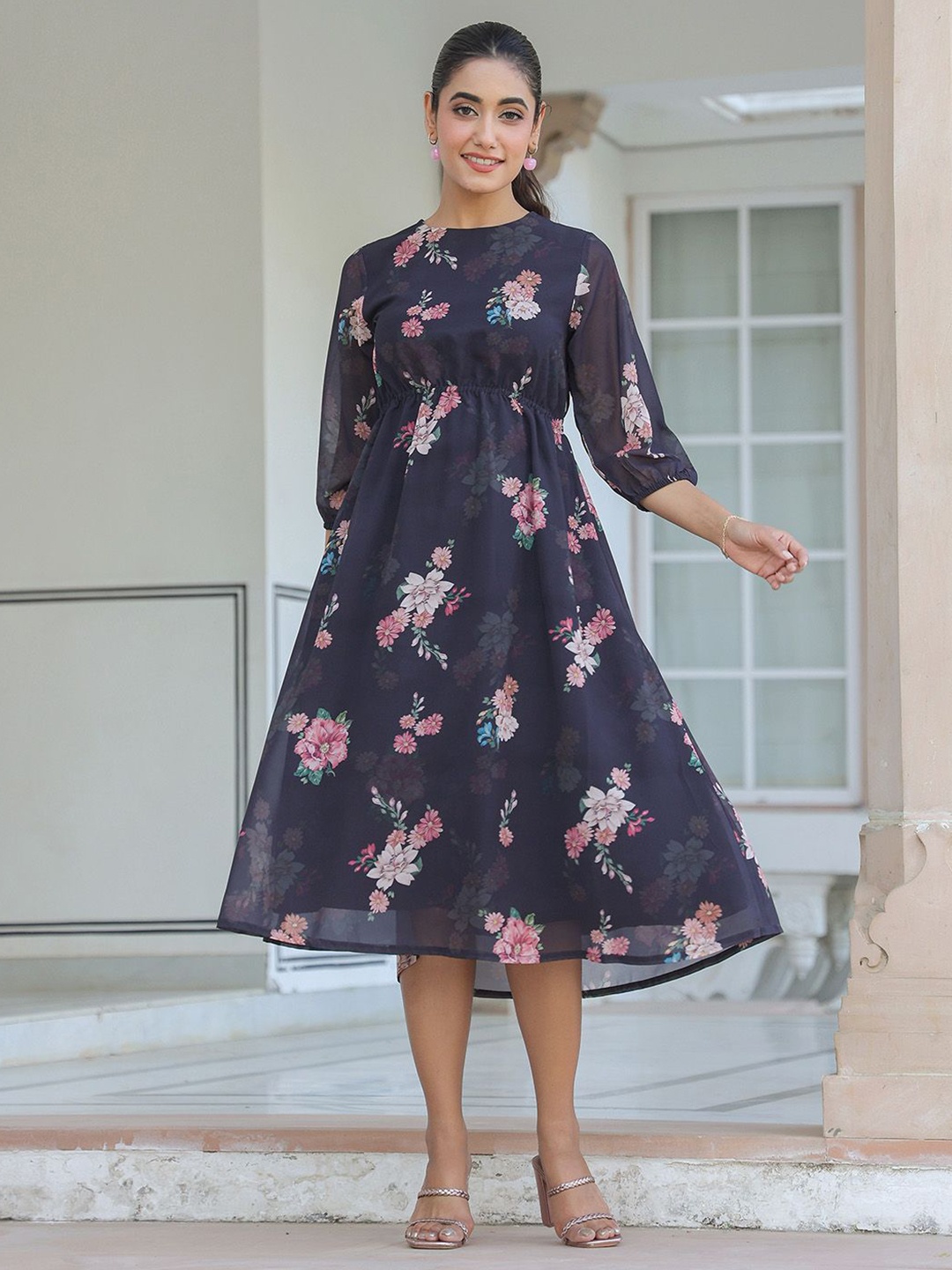 

Janasya Women Georgette Floral Printed A-line Dress, Black