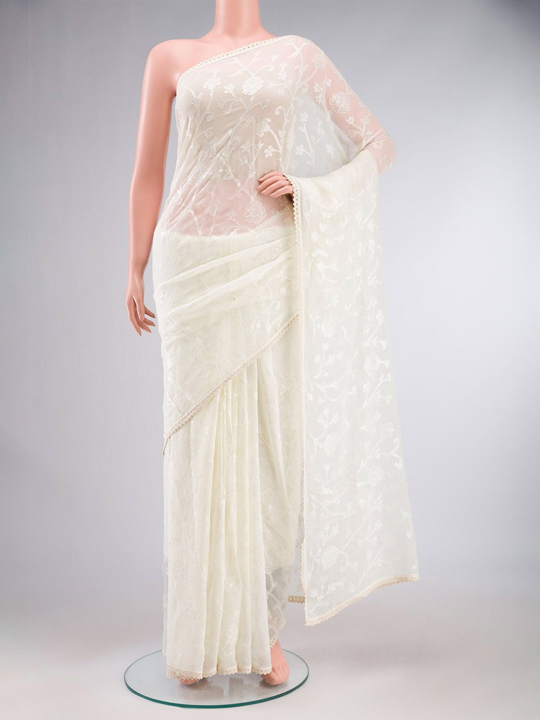 

Nalli Floral Sequinned Embroidered Saree, Cream