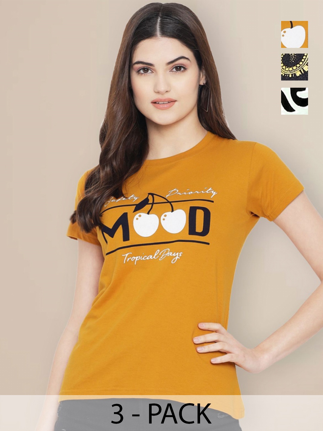 

GLOBAL NOMAD Women Pack of 3 Graphic Printed Round Neck Cotton T-shirts, Mustard