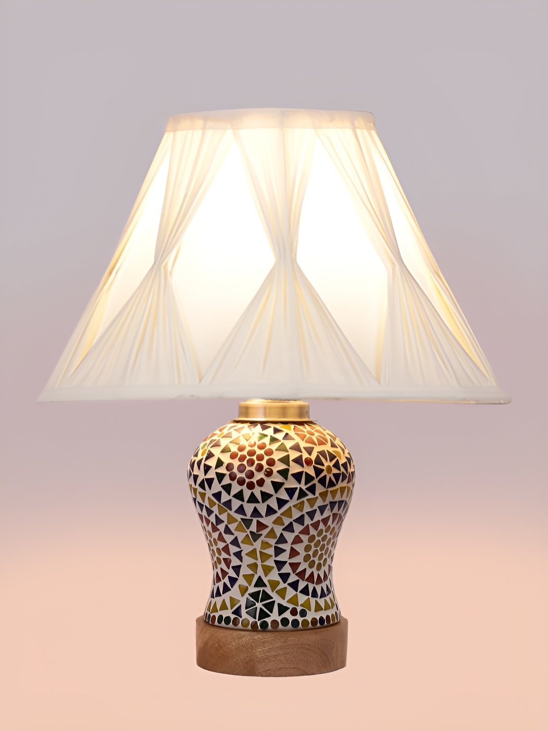 

Devansh White Frustum Shaped Cotton Shade Table Lamp With Wooden Mosaic Glass Base