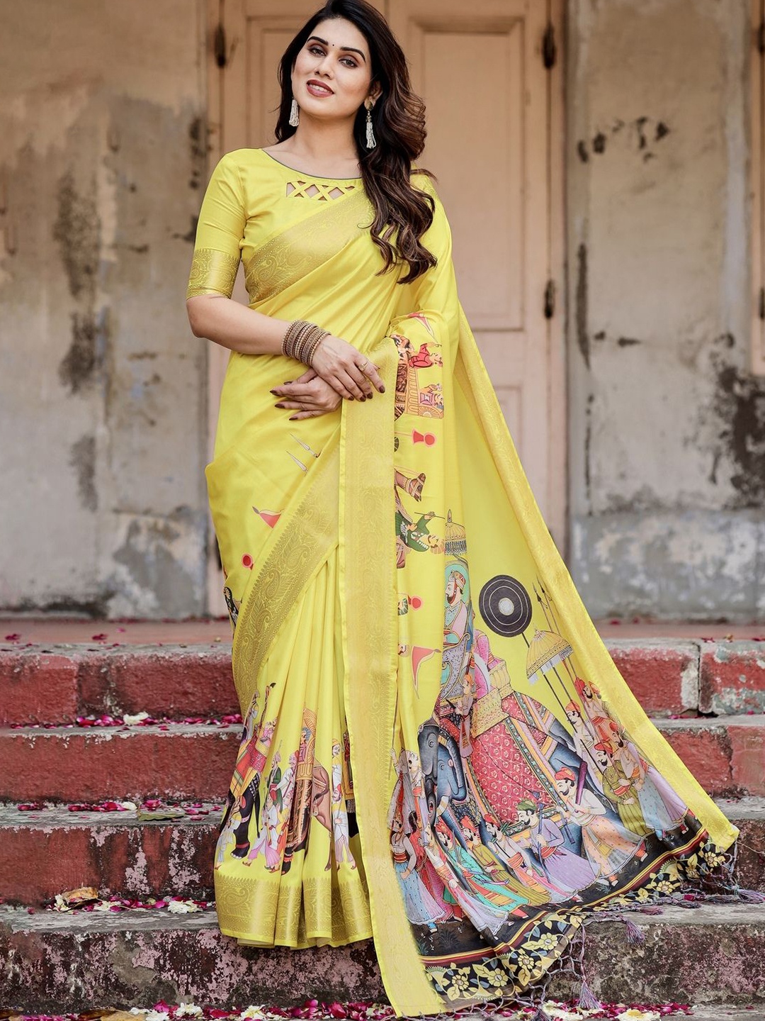 

ALMAARI FASHION Woven Design Pure Silk Tussar Saree, Yellow