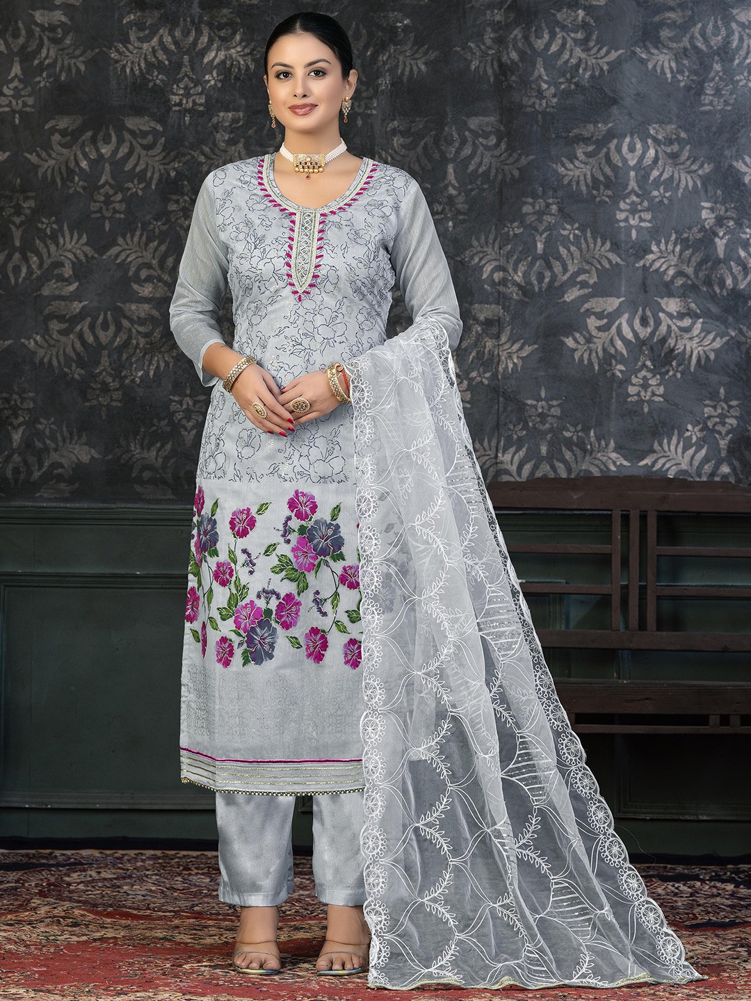 

SHADOW & SAINING Floral Embroidered Beads & Stones Modal Cotton Unstitched Dress Material, Grey