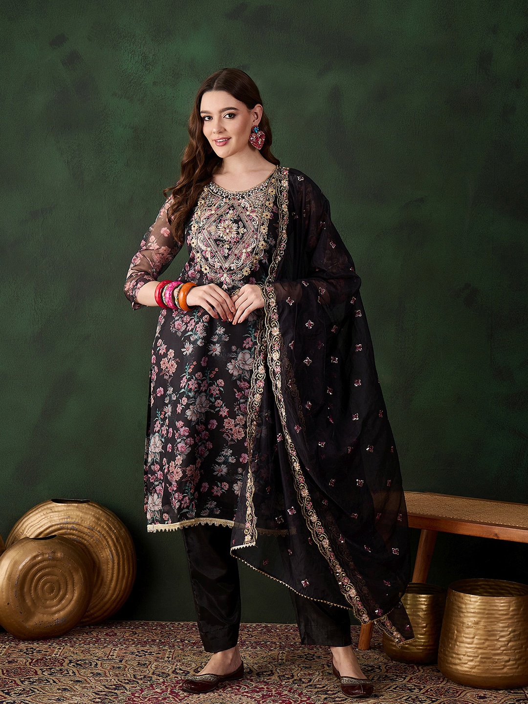 

SHADOW & SAINING Floral Embroidered Beads & Stones Organza Unstitched Dress Material, Black