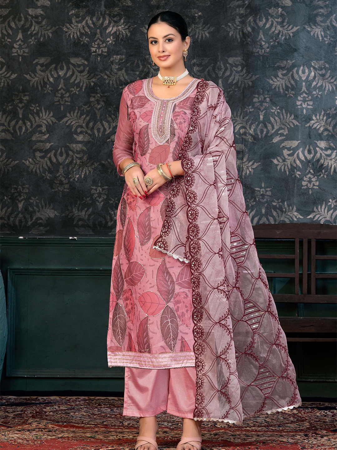 

SHADOW & SAINING Floral Printed Embroidered Sequinned Organza Unstitched Dress Material, Pink