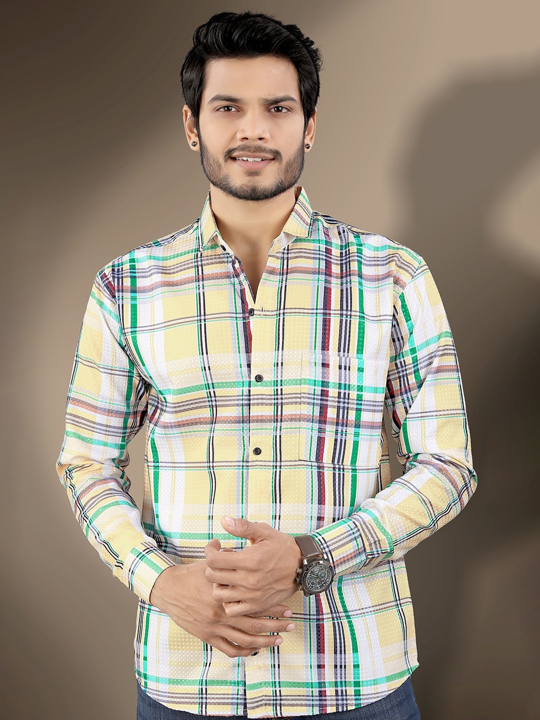 

Metronaut Men Tartan Checks Opaque Checked Casual Shirt, Yellow