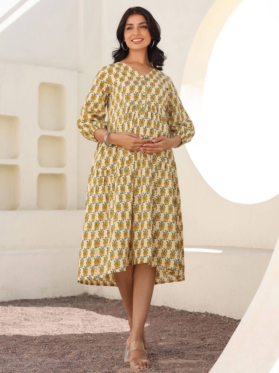 

Janasya Women Cream Pure Cotton Floral Printed A-line Maternity Dress