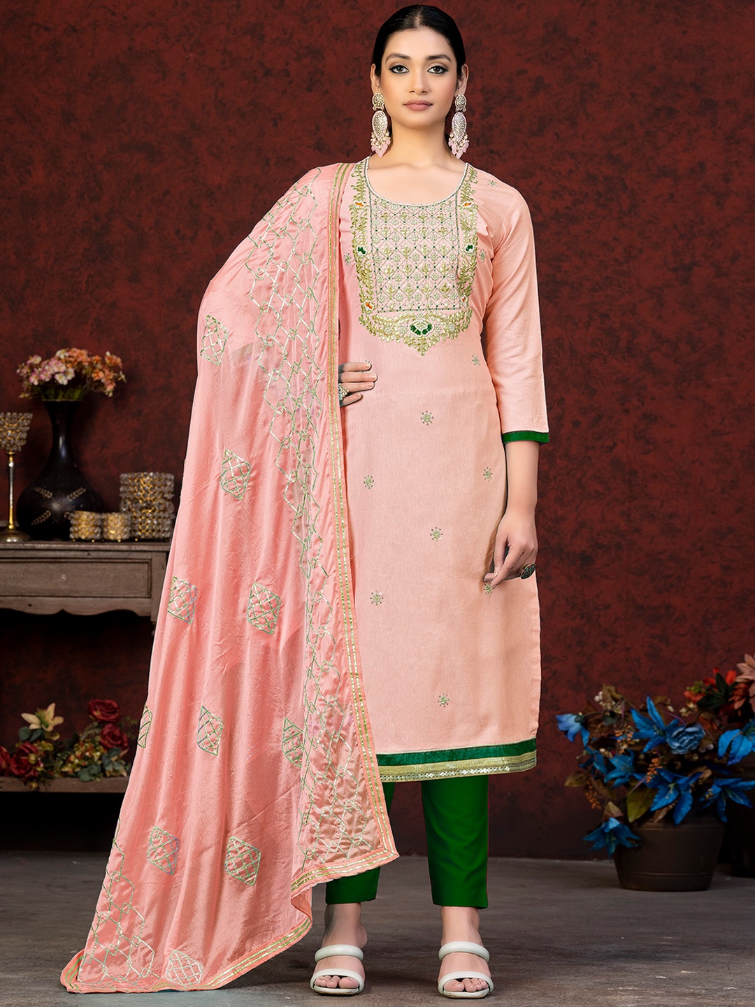 

SHADOW & SAINING Floral Embellished Zari Work Semi-Stitched Dress Material, Peach