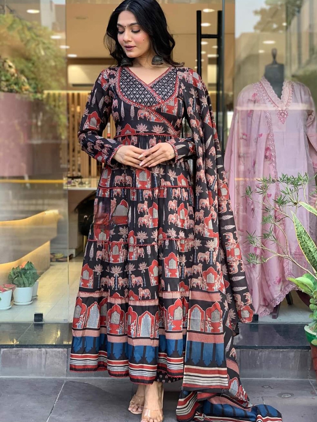

BAESD Ethnic Motifs Printed Angrakha Pure Cotton Anarkali Kurta With Trouser & Dupatta, Black