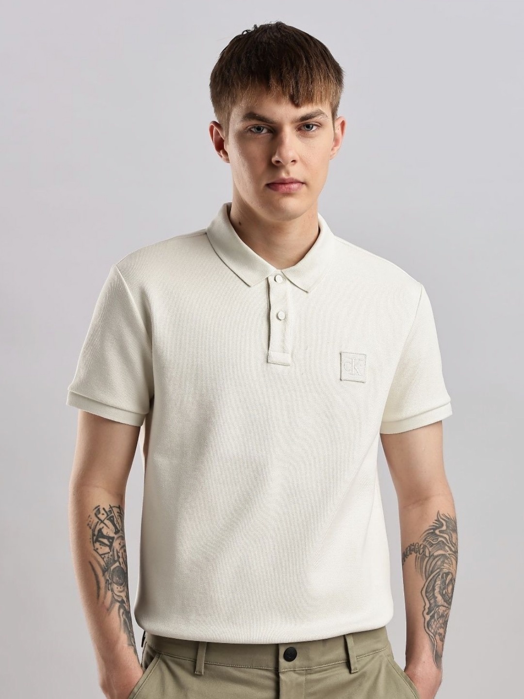 

Calvin Klein Jeans Men Brand Logo Printed Polo Collar T-shirt, White