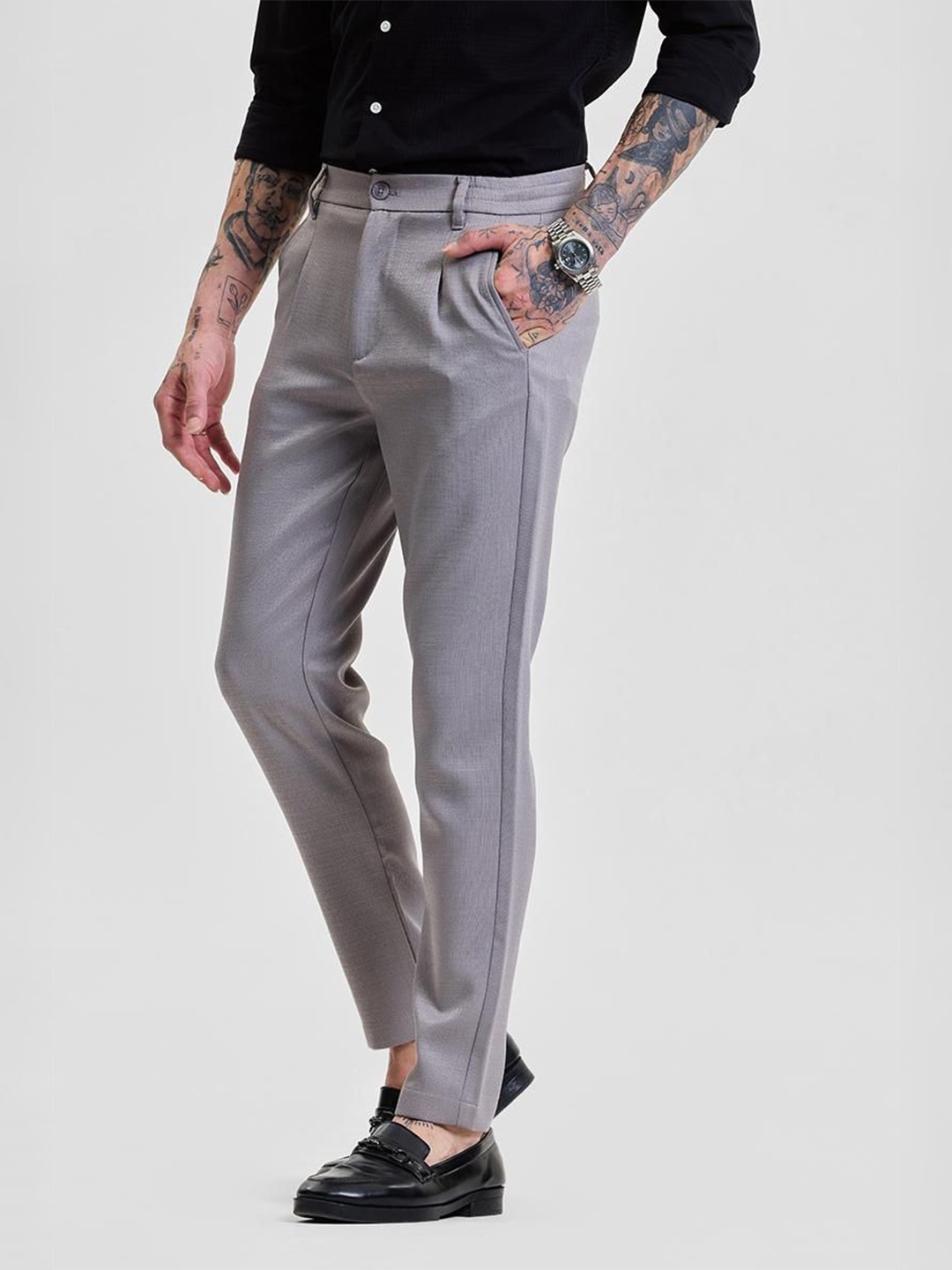 

Snitch Men Smart Slim Fit Pleated Formal Trouser, Grey
