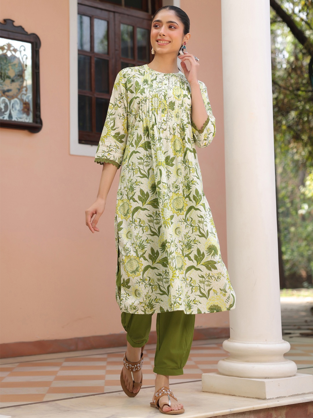 

SAVI Floral Printed Pleated Pure Cotton Straight Kurta With Salwar, White
