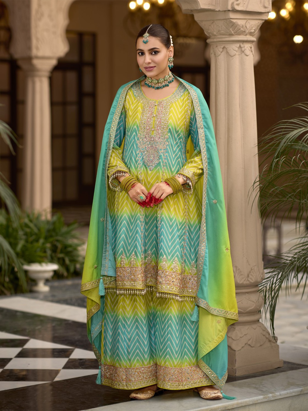 

AUTUMN LANE Chevron Printed Zari A-Line Kurta With Palazzos And Dupatta, Teal