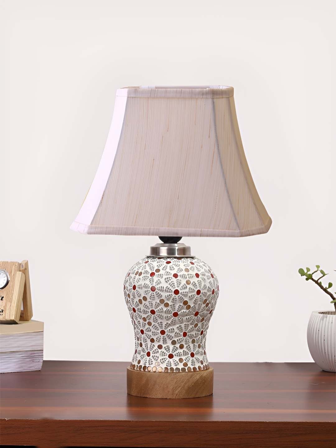 

Devansh Off White Printed Wooden Frustum Shaped Table Lamp With Mosaic Glass Base