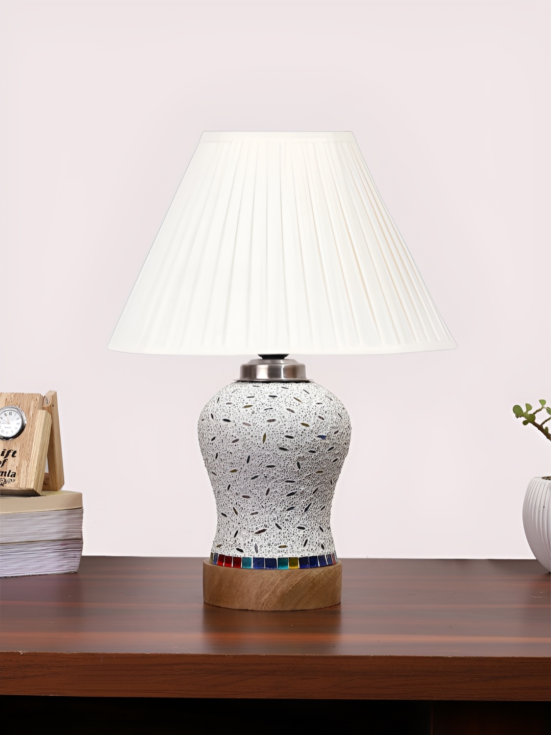 

Devansh Off White Textured Wooden Frustum Shaped Table Lamp With Mosaic Glass Base