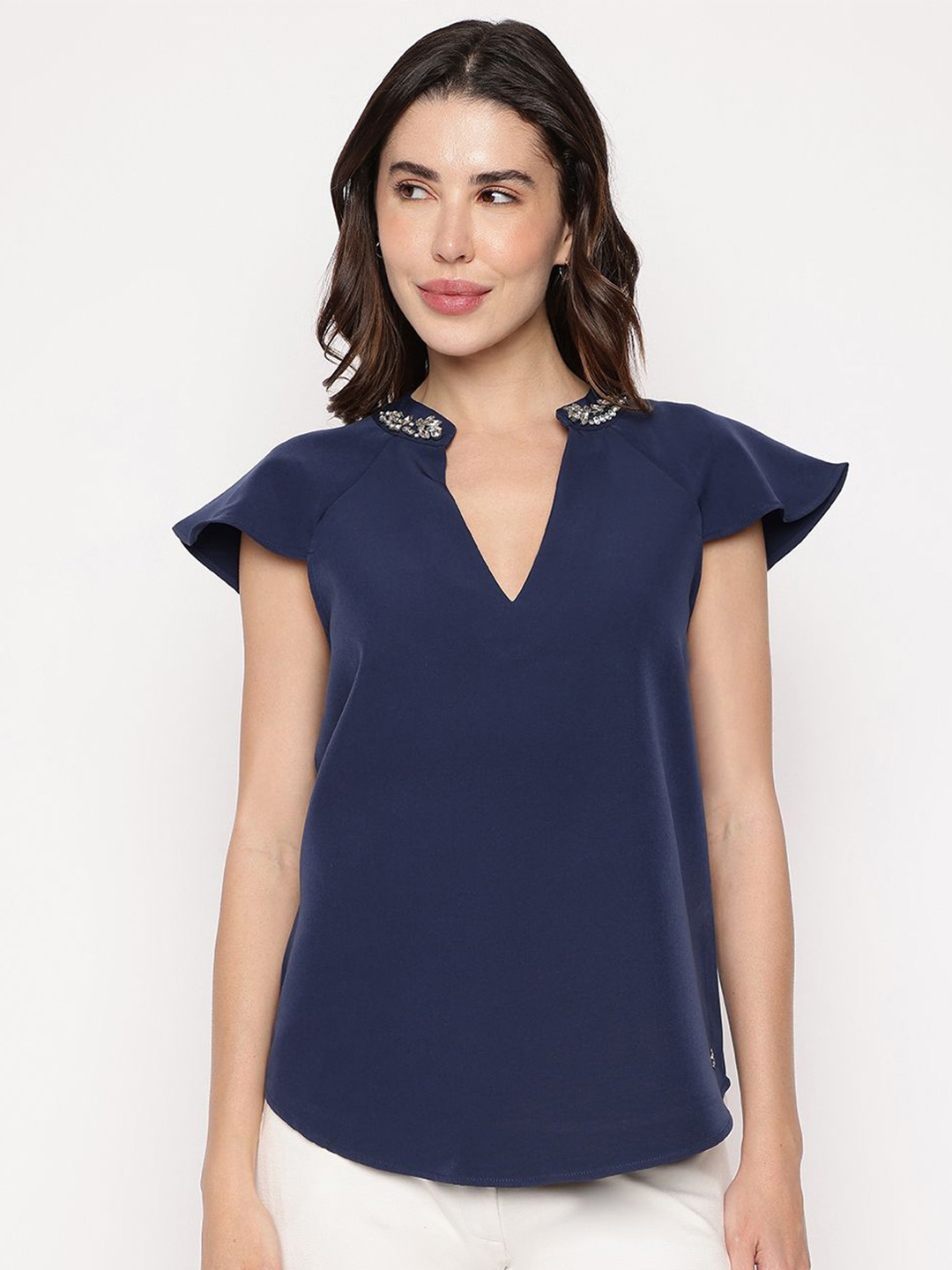 

GUESS Women Embellished Mandarin Collar Regular Styled Back Top, Blue