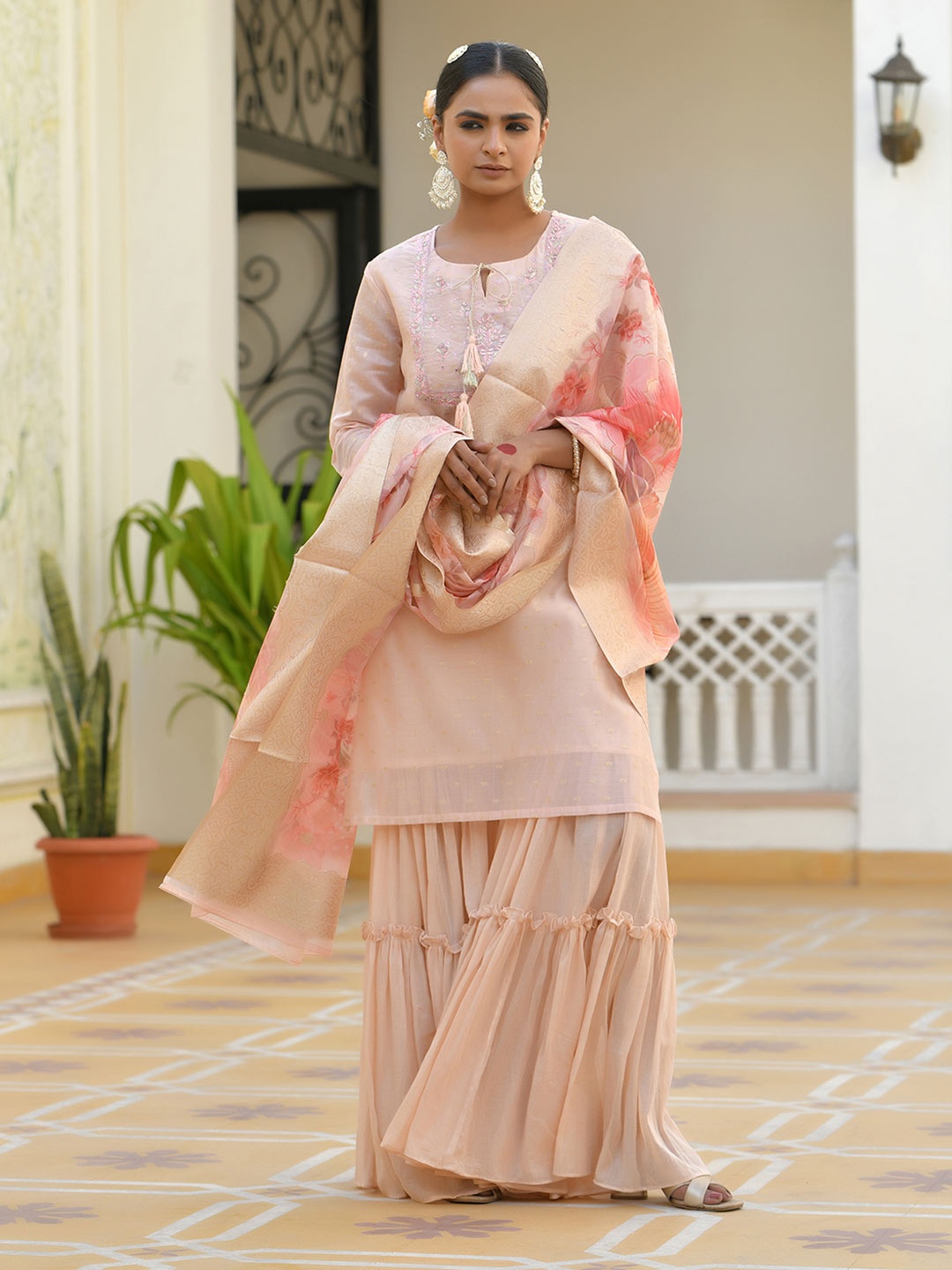 

VAASVA JAIPUR Floral Woven Design Chanderi Silk Straight Kurta With Sharara And Dupatta, Pink