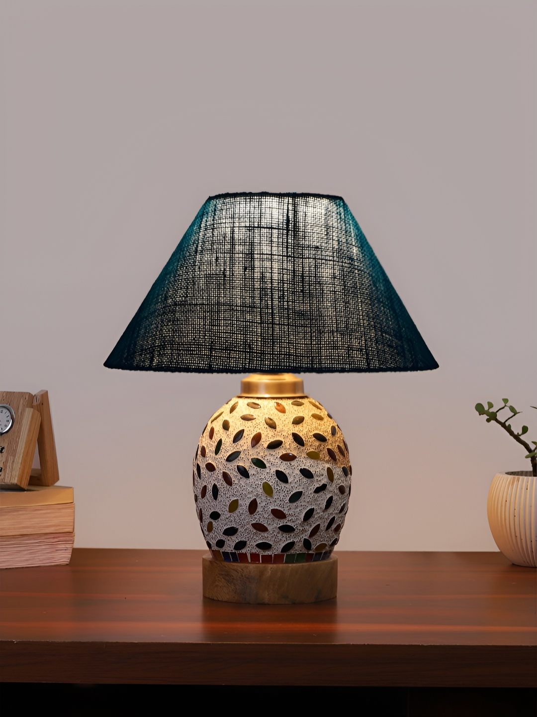 

Devansh Turquoise Blue Printed Wooden Frustum Shaped Table Lamp With Mosaic Glass Base