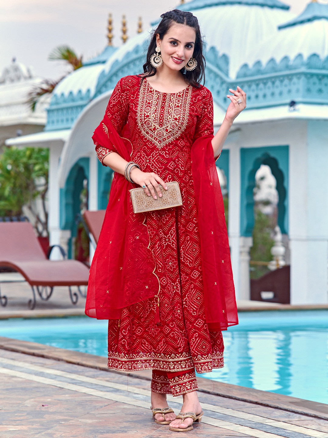 

Berrylicious Bandhani Printed Zari Round Neck A-Line Kurta With Trousers & Dupatta, Red