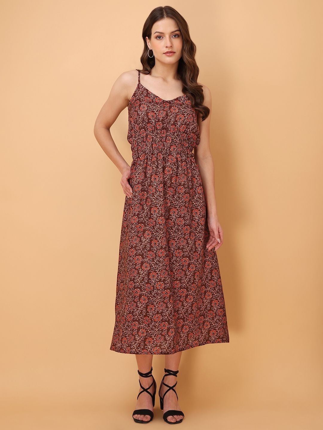 

Obshivka Women Floral Printed Shoulder Straps Neck Midi Fit & Flare Dress, Brown