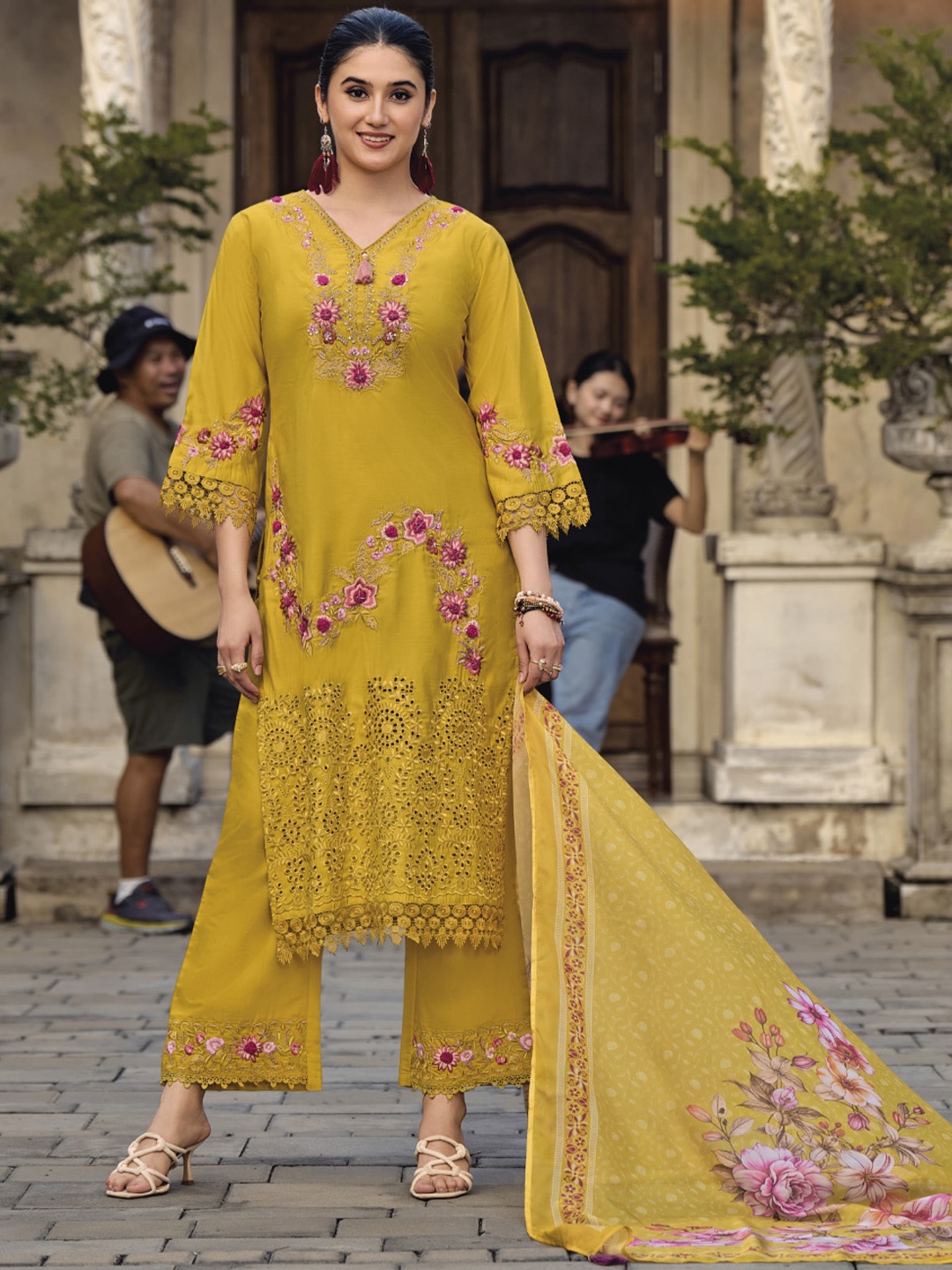 

Varanga Floral Embroidered Thread Work Pure Cotton Straight Kurta With Trousers & Dupatta, Mustard