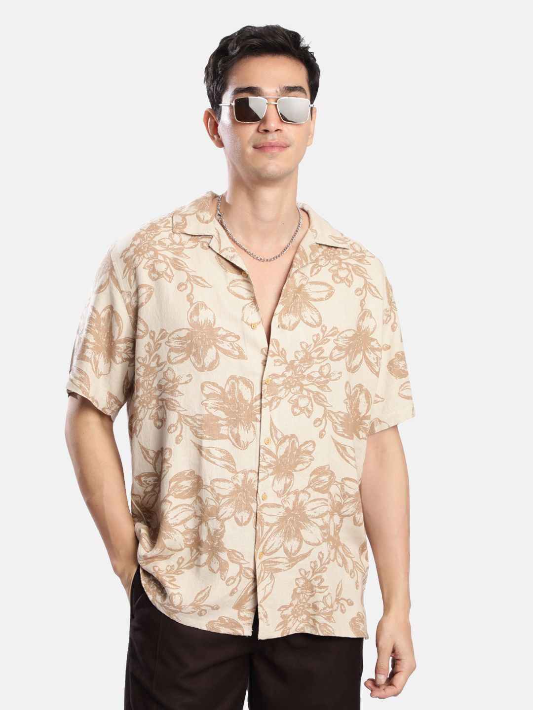 

Bene Kleed Men Floral Printed Linen Shirt, Tan