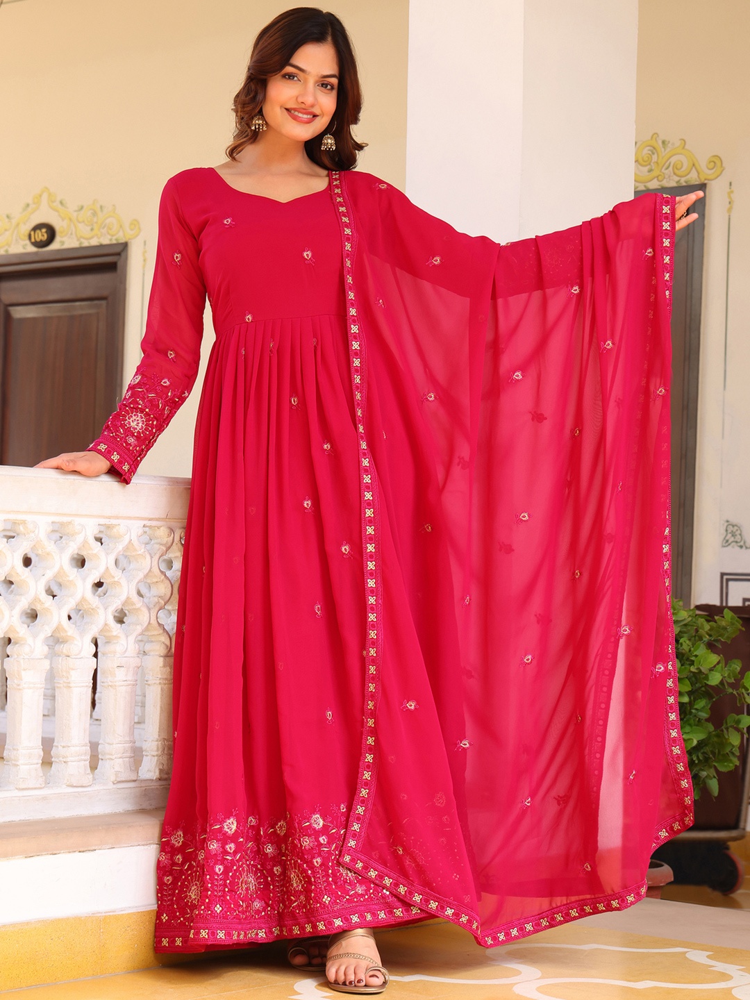 

KALINI Floral Embroidered Thread Work Anarkali Kurta With Pyjamas And Dupatta, Pink