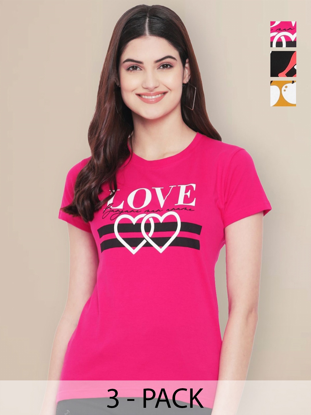 

GLOBAL NOMAD Women Pack of 3 Typography Printed Round Neck Cotton T-shirts, Pink