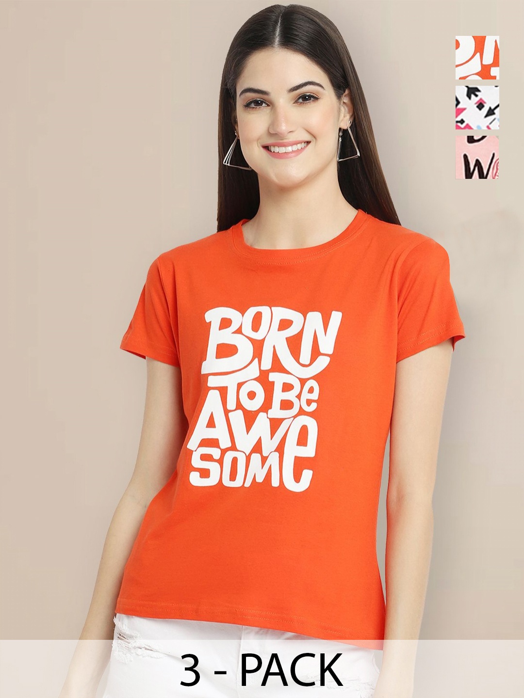 

GLOBAL NOMAD Women Pack of 3 Typography Printed Round Neck Cotton T-shirts, Orange