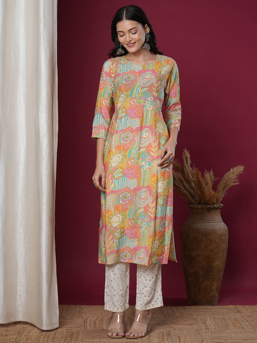 

FASHOR Abstract Floral Printed Sequinned Straight Kurta, Orange