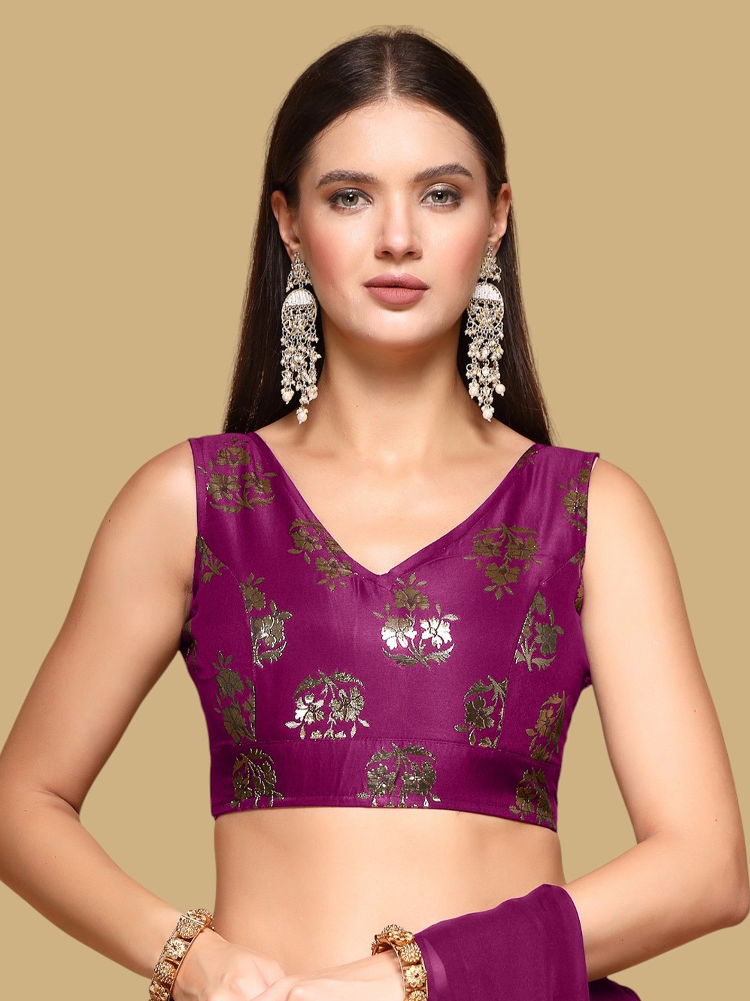 

Oomph! Women Woven Design Jacquard Traditional Saree Blouse, Pink