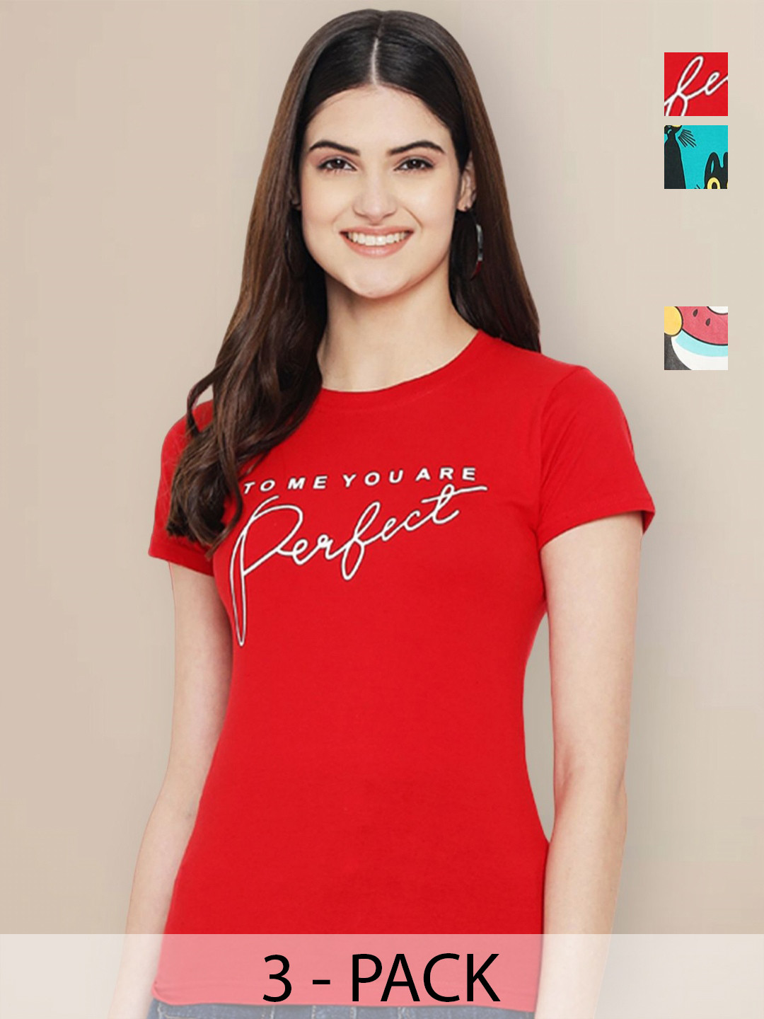 

GLOBAL NOMAD Women Pack of 3 Typography Printed Round Neck Cotton T-shirts, Red
