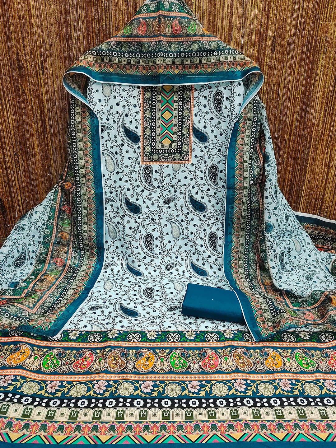 

SHADOW & SAINING Paisley Printed Cotton Unstitched Dress Material, Teal