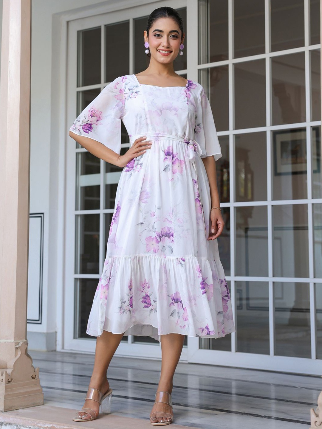 

Janasya Women Floral Printed Fit & Flare Dress, White