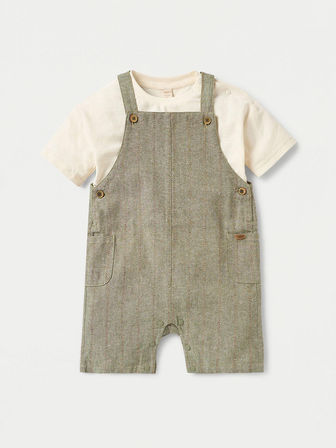 

Giggles by Babyshop Boys Striped Cotton Dungaree With T-Shirt, Green