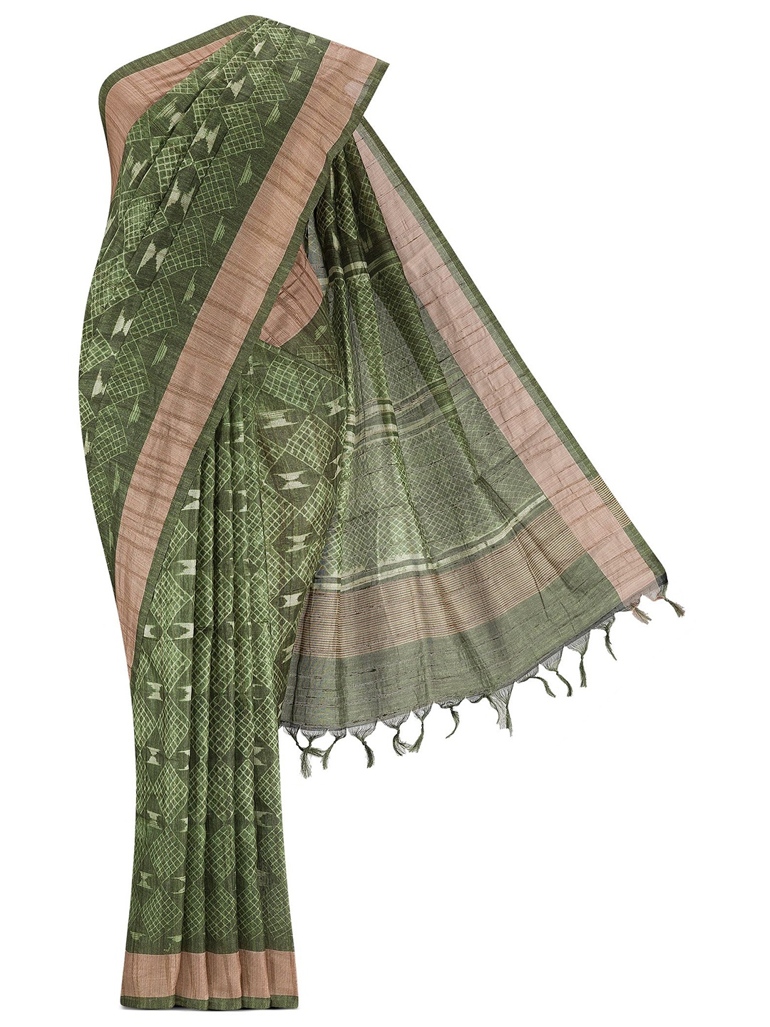 

Nalli Checked Printed Saree With Unstitched Blouse, Green