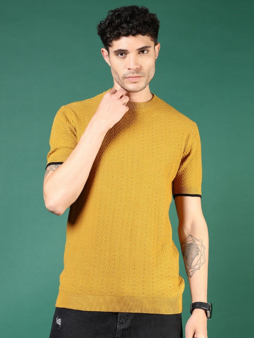 

V-Mart Men Self Design Round Neck Cotton Slim Fit T-shirt, Yellow