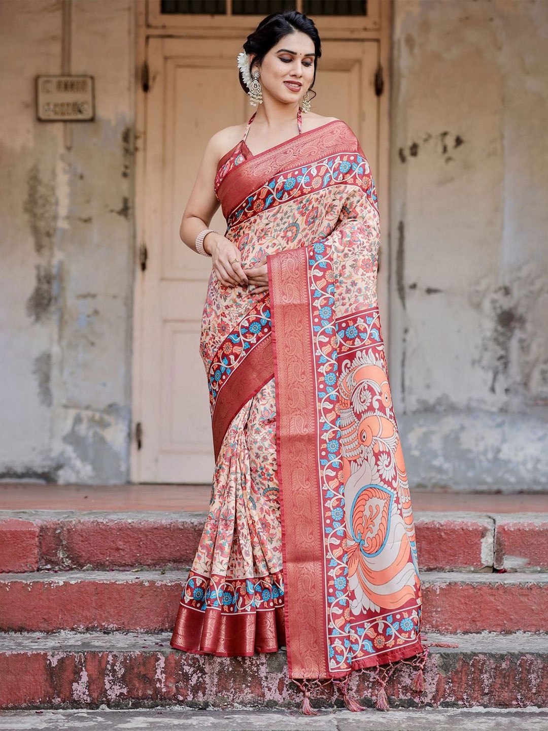 

ALMAARI FASHION Ethnic Motifs Zari Pure Silk Jamdani Saree, Red