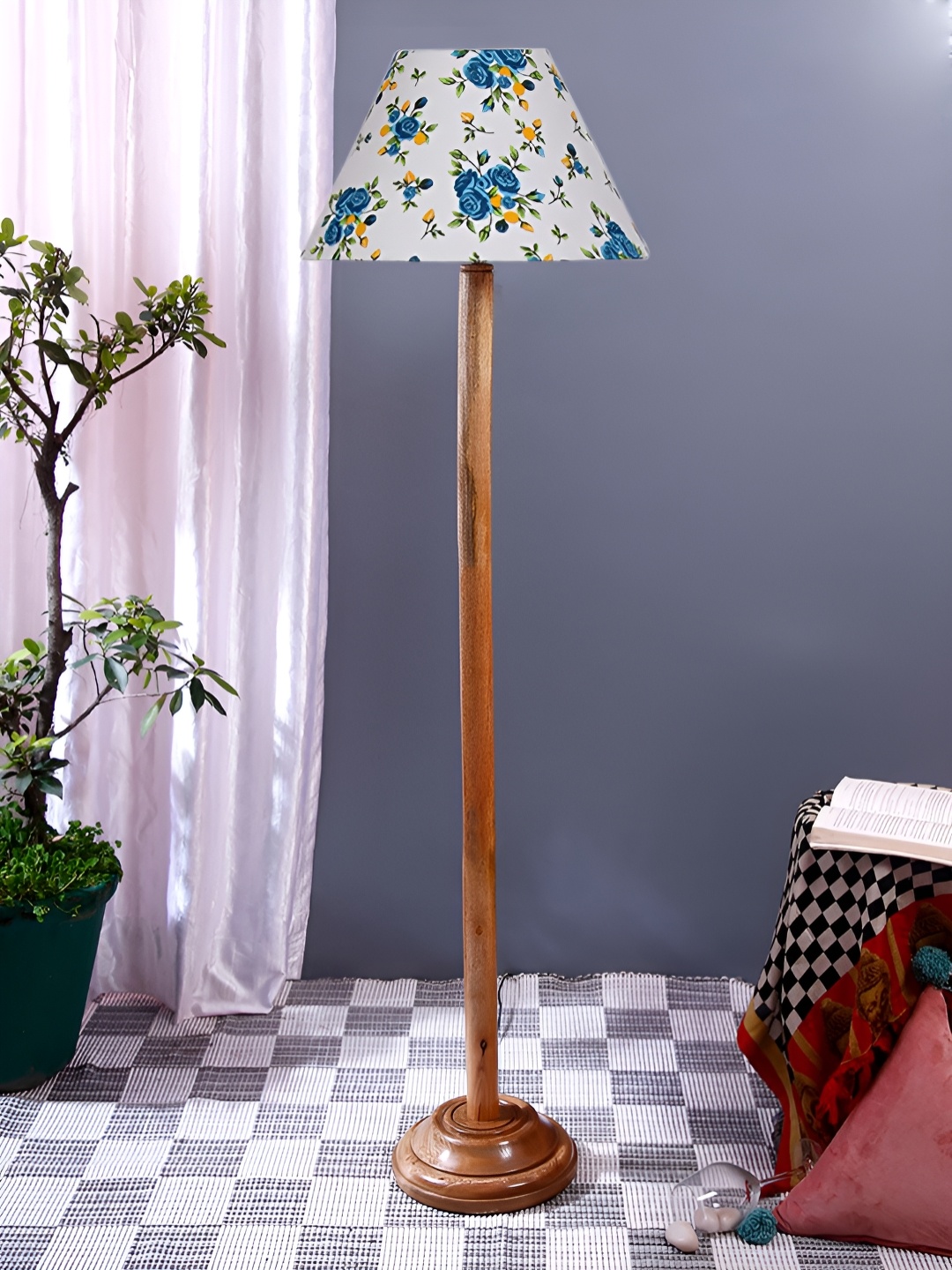 

Devansh White & Blue Printed Cotton Conical Shade Wood Base Floor Lamps