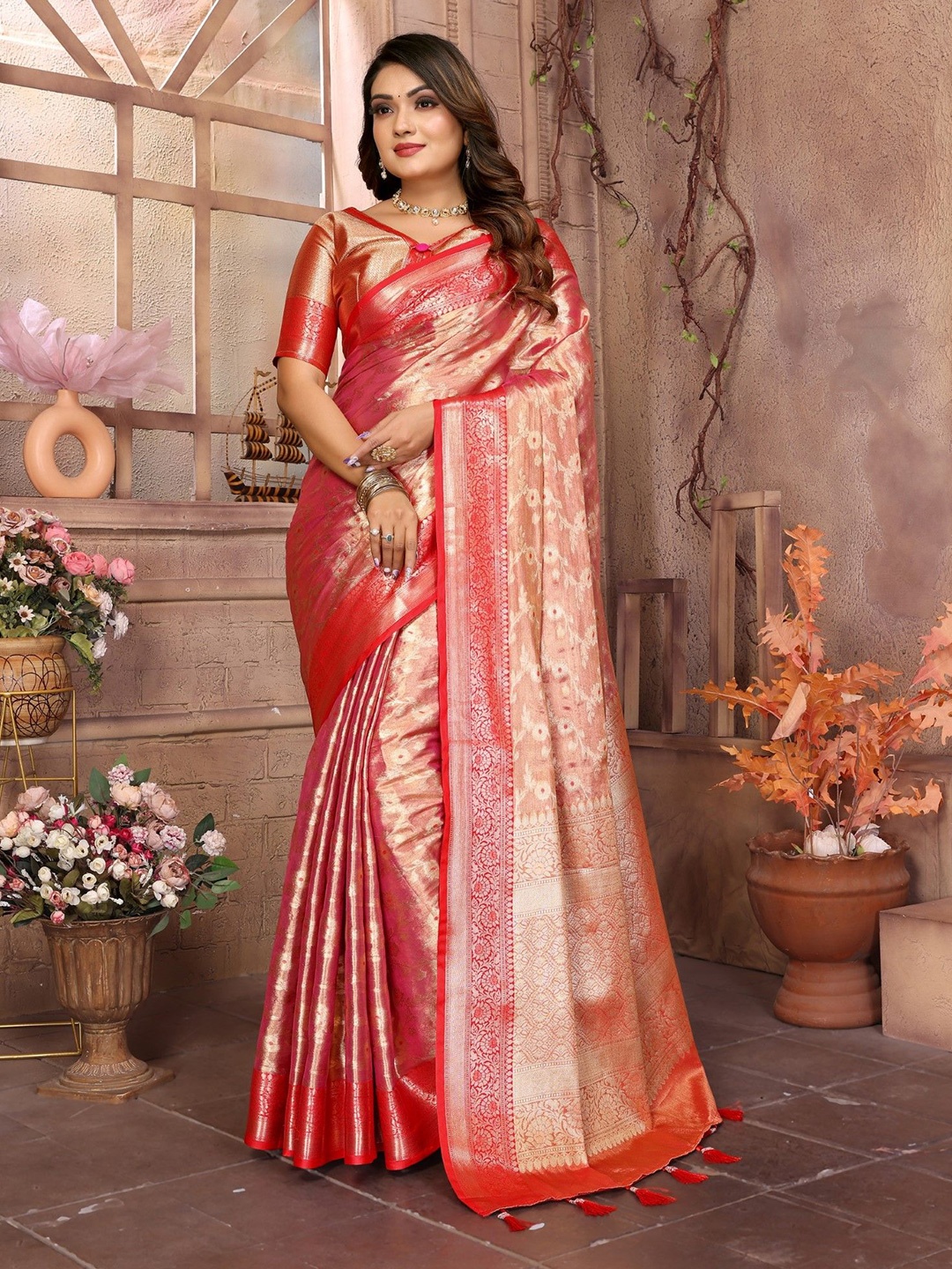 

LeeliPeeri Designer Woven Design Zari Tissue Saree With Unstitched Blosue Piece, Peach