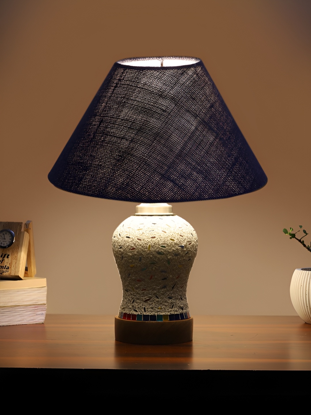 

Devansh Blue Textured Wooden Frustum Shaped Table Lamp With Mosaic Glass Base