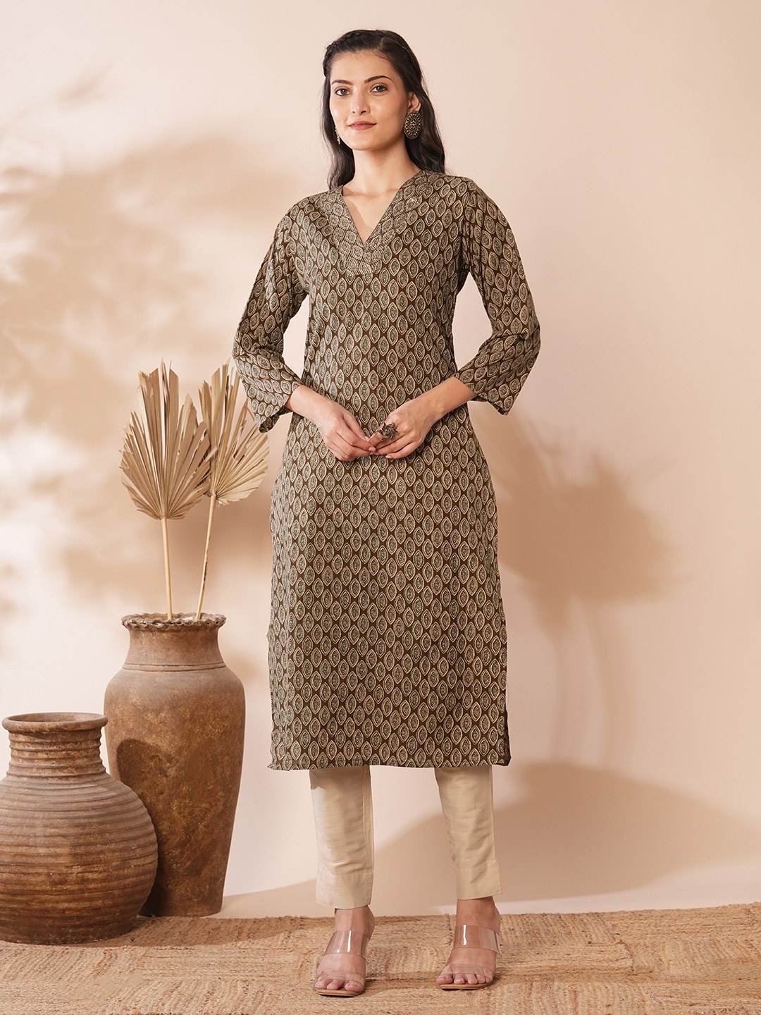 

FASHOR Ethnic Motifs Printed Pure Cotton Straight Kurta, Brown
