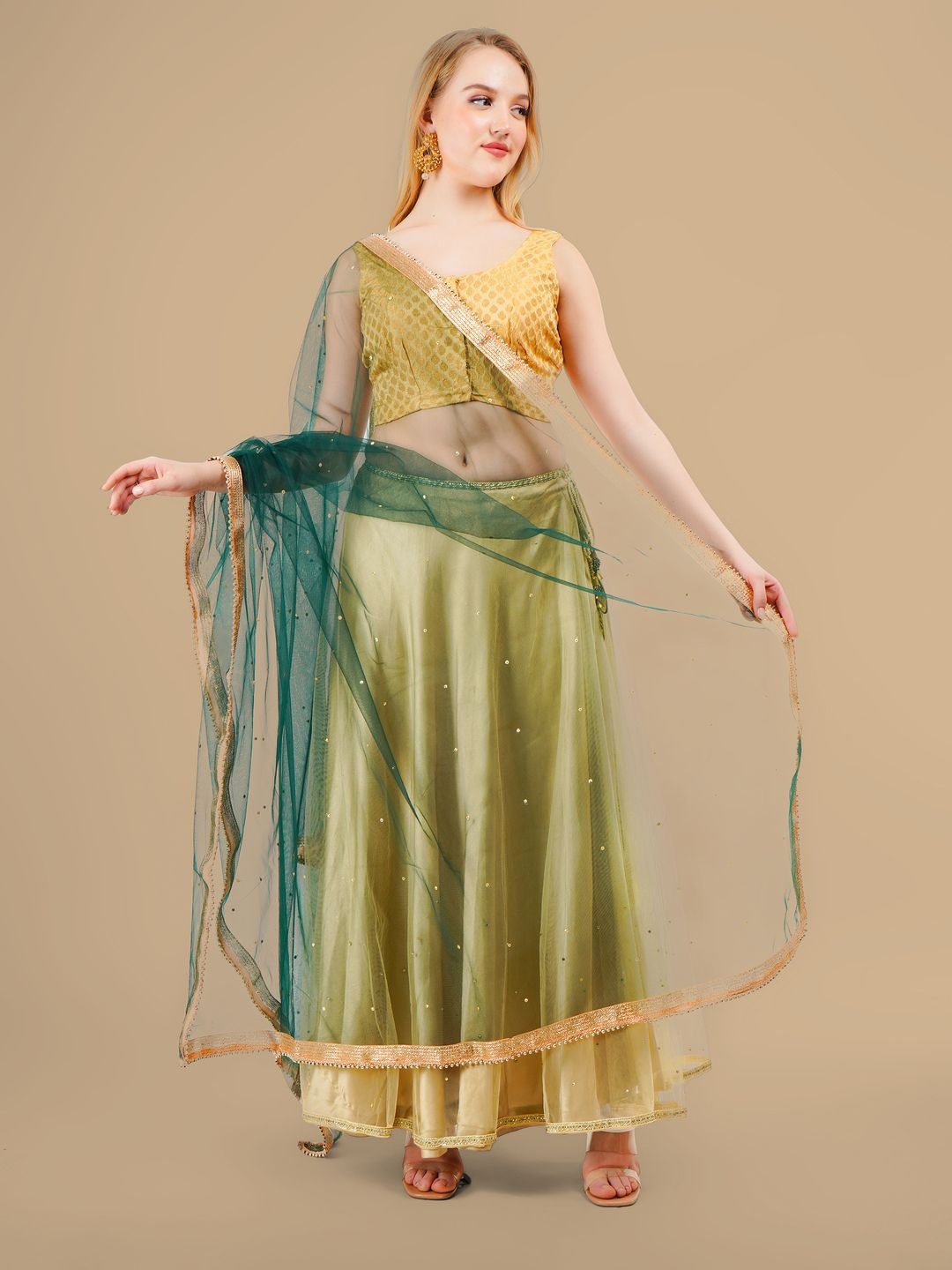 

Karthav Fashion Polka Dots Embroidered Dupatta With Sequinned, Green